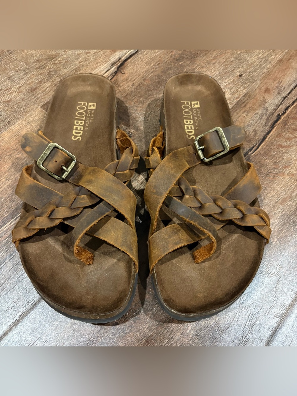 White Mountain Footbeds Leather Braided Slide Sandals Brown Womens 7M Boho
